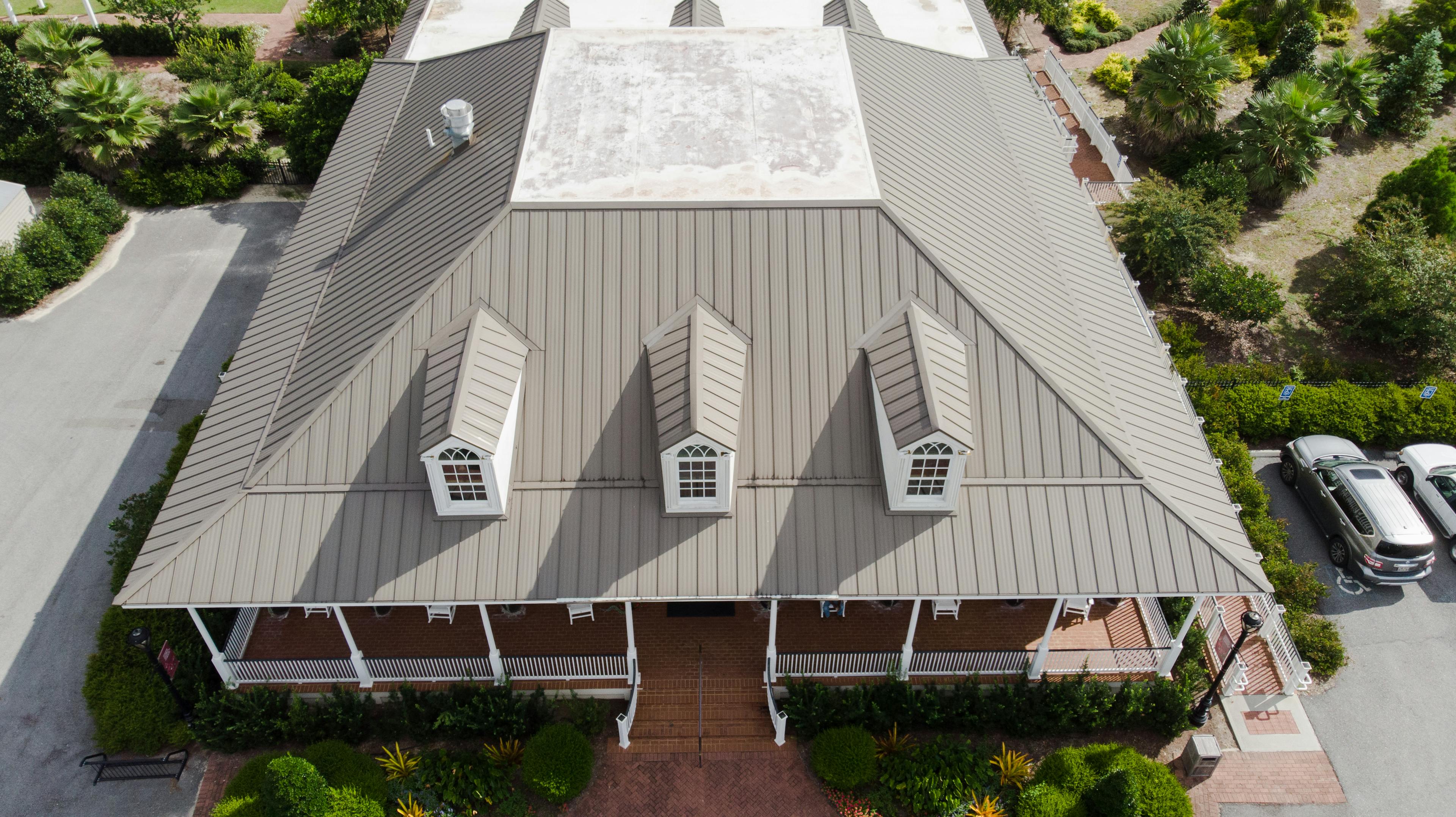 Aerial photograph of Savannah Botanical Gardens. Medium Bronze | Standing Seam Metal & TPO | Chatham County